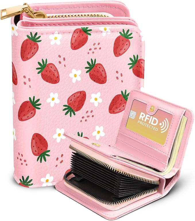 Bistup Credit Card Holder Wallet for Women Cute Leather Ladies Teen Girls Female Cardholder Wallets Accordion Purse Small Medium Aesthetic Print Strawberry Modern Design Rfid Zipper Around