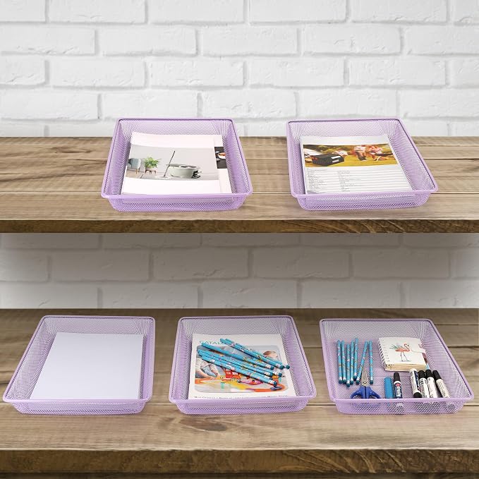 Office Metal Mesh Basket for Desk, Single Paper Tray Organizer, Turn in Trays Classroom, Flat Mail Letter Storage Basket for Office Home Drawers School (5, Purple)