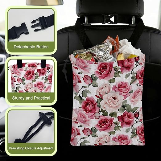 Car Trash Bag Watercolor Pink Roses Hanging Drawstring Car Organizer and Storage Bag with Adjustable Buckle Canvas Garbage Bin for Back Seat or Hanging Headrest Car Decor Road Trip Essentials