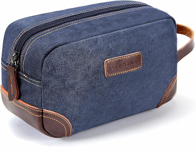 emissary Men's Toiletry Bag, Leather and Canvas Travel Toiletry Bag, Dopp Kit for Men, Travel Bathroom Bag Men's Shaving Kit, Travel Kit Small Bags for Men, Shaving Bag for Travel Accessories (Blue) | Durable canvas & PU leather, water-resistant lining...