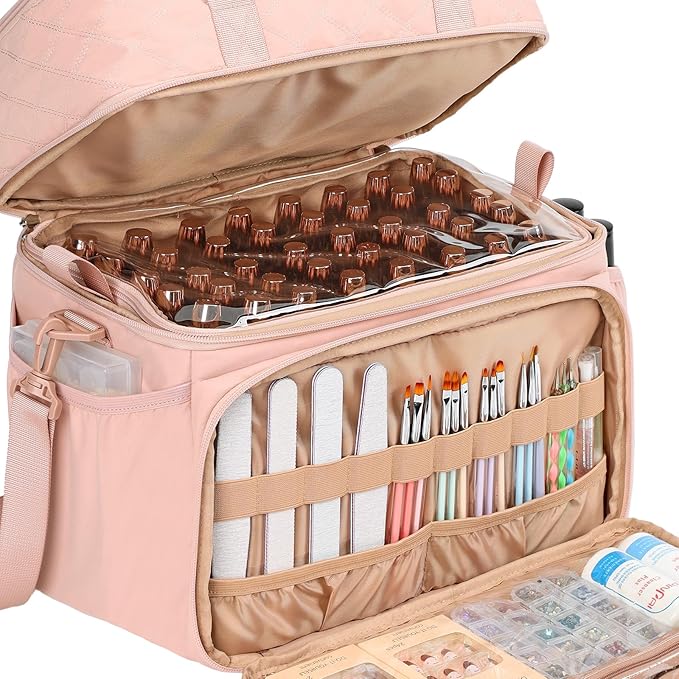 HOMEST Double Layer Nail Polish Organizer Holds 80 Bottles (15ml/0.5 fl. oz) and a Lamp, Case with 2 Removable Pouches for Manicure Tools Storage, Pink(Bag Only)