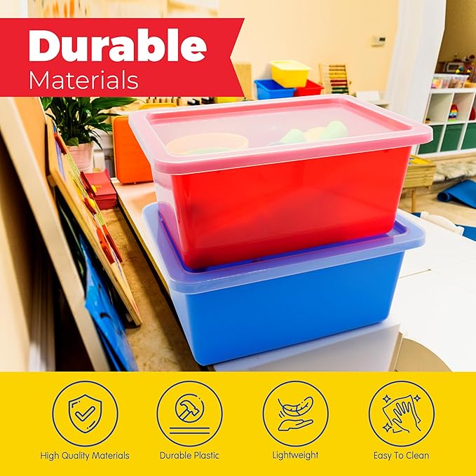 4E's Novelty Plastic Storage Bins with Lids, 5 Qt, 3 Pack, Colorful Plastic Cubby Storage Bins, Stackable Organizer Cubbies for Classroom Organization and Storage or Home (11.4" x 7.75" x 5")