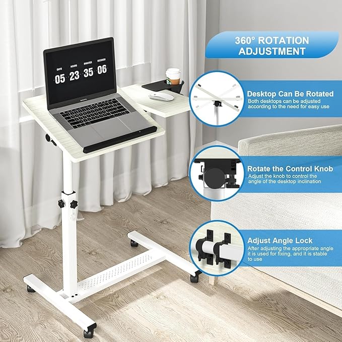 Panta Height Adjustable Rolling Laptop Stand, Overbed Table with 2 Tilting Desktops, Mobile Laptop Table for Couch with Cup Holder, Mobile Computer Workstation for Office, Home and Hospital,Maple