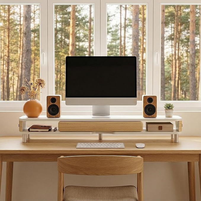 Fenge Monitor Stand with Large Drawer, 42.5 Inch Dual Monitor Riser for 2 Monitors, Ergonomic Computer Desk Shelf with Soft Touch Leather & Storage Organizer for Laptop, Computer, TV, PC, Printers