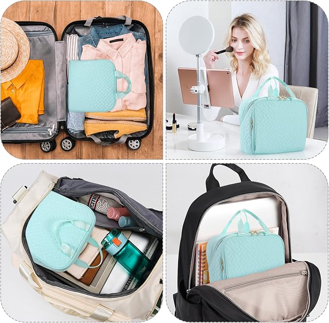 Makeup Bag, Stand up Large Capacity with Room for Brushes and Mirror, Travel Makeup Organizer, Portable Standing Make Up Case, Waterproof Cosmetic Toiletry Bags with Handle, Color Mint Green