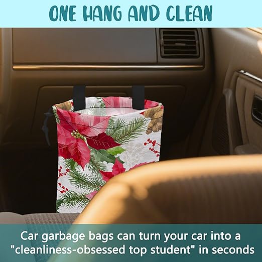 Car Garbage Bag Red Poinsettia Xmas Green Leaves Drawstring Car Trash Bag Hanging for Back Seat with Adjustable Buckle Canvas Vehicle Trash Can Easy-to-Install