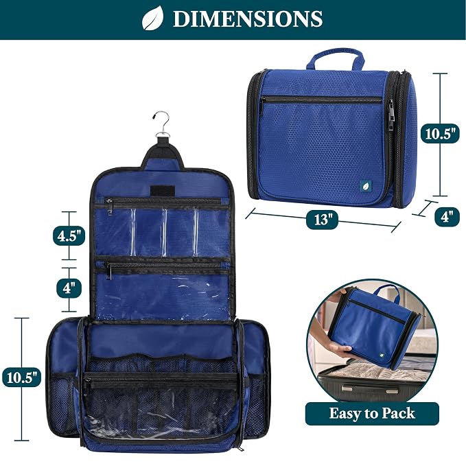 PAVILIA Large Hanging Toiletry Bag for Men, Travel Toiletry Organizer with 10 Compartments, Swivel Hook and 3 Leakproof Pockets, Water Resistant Shaving Kit Case, Packs Flat, Blue
