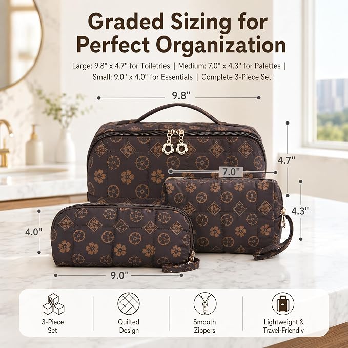 YTL Travel Makeup Bag, Puffer Cosmetic Bag for Women, Waterproof Puffy Padded Make Up Bags, Flat Open Portable Organizer Case Toiletry Bag Pouch Purse for Skincare, Brushes & Travel Essentials