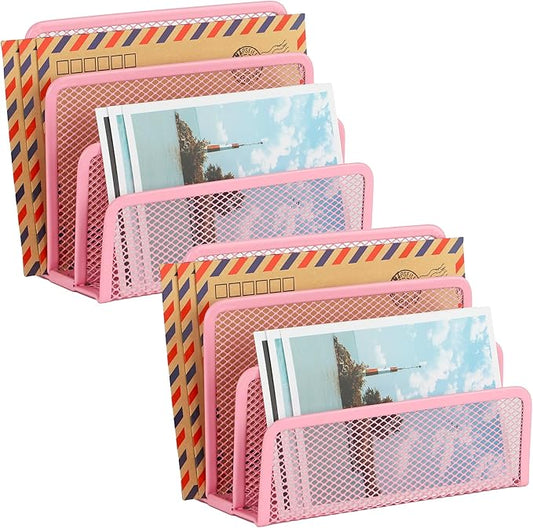 EASEPRES Desk Mail Organizer, Office Small Desktop Metal Mesh Envelope Letter Sorter Paper File Holder Organizer with 3 Vertical Upright Compartments, Pink 2 Pack