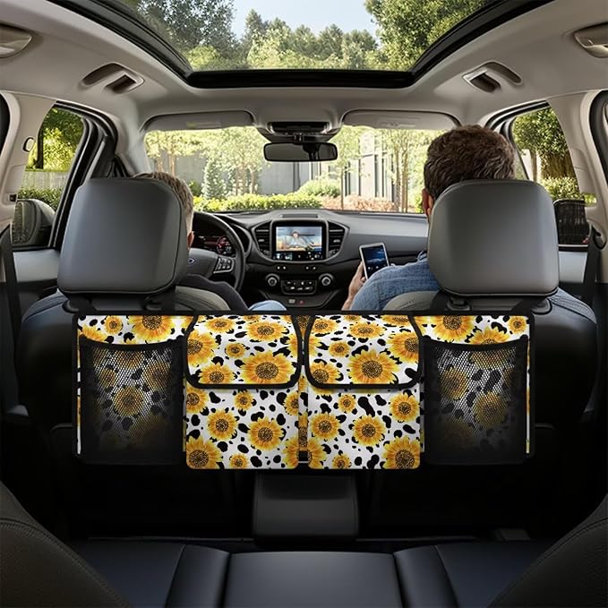 Sunflower Cow Car Trunk Organizer Backseat Cargo Storage Bag with Elastic Net Collapsible Pouch SUV, Truck, MPV Car Accessories