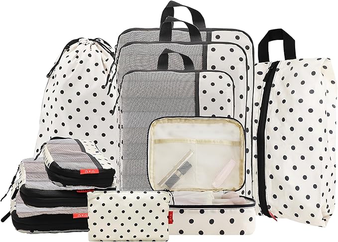 U+U 10 Set Compression Packing Cubes - Travel Organizers with Laundry Bag, Space-Saving Suitcase Organizer, Expandable Packing Organizers for Travel Essentials (Polka Dot)