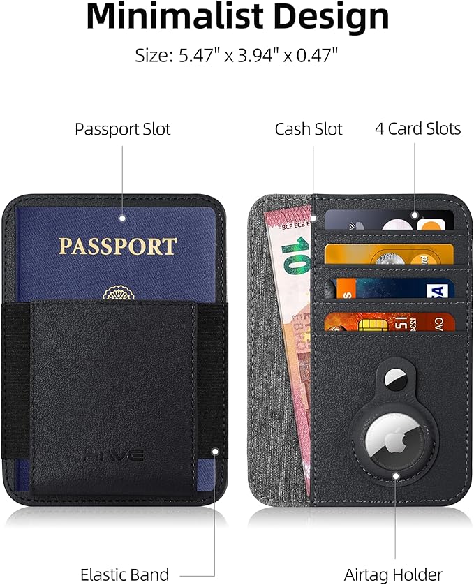 HiWe Passport Holder with AirTag Slot, Minimalist RFID Passport Holder for Travel, Leather Passport Wallet Cover Case for Men & Women, 4 Slots, 1 Pocket, Black