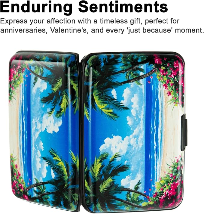 Credit Card Holder for Women Men RFID Blocking Wallet Small Business Metal Slim Mini Aluminum Hard Case (Tropical Beach Palm Trees)