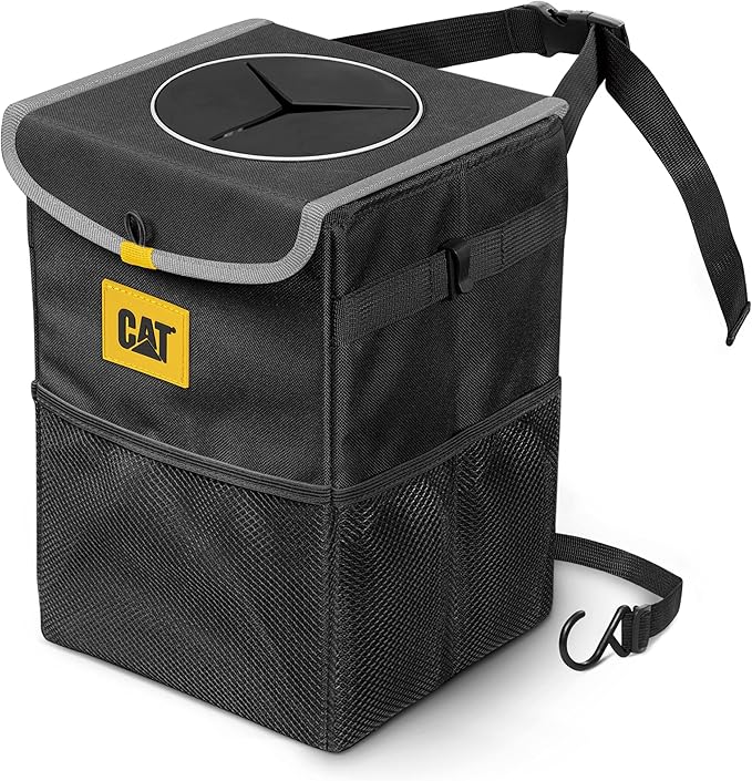 CAT® Car Trash Can Organizer with Lid Storage - Leak-Proof Automotive Organizer for Truck, Car, SUV, and Van with Multiple Pockets Expandable Waterproof Garbage Bin for Auto - Black