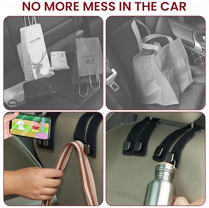4 Pack Double Car Purse Hook Holds Up to 25 kg / 55 lbs XL Faux Leather with Durable Metal Hook (2.7x2cm) – Perfect Headrest Hooks for Car to Organize Bags and Essentials (Black)