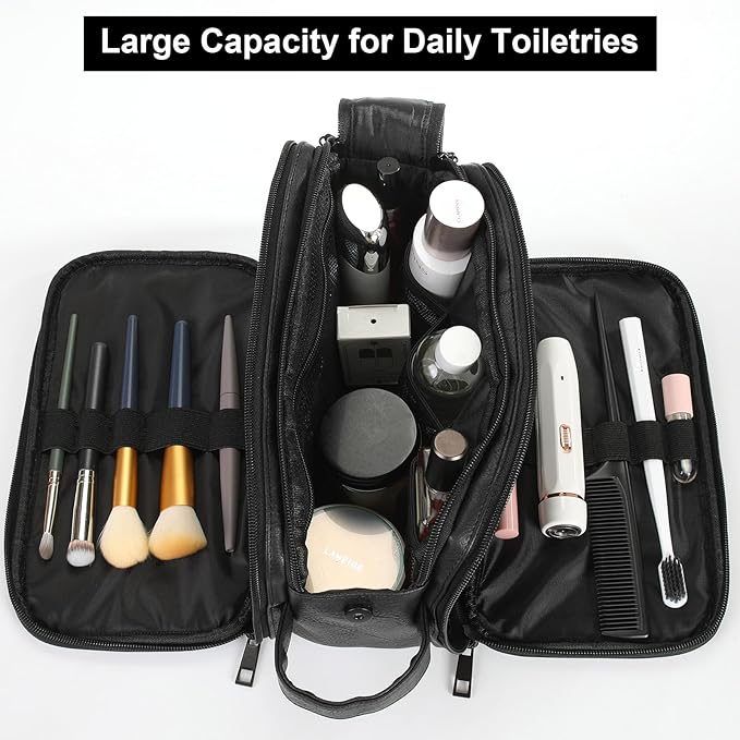 Toiletry Bag for Men and Women, Travel Essentials Shaving Dopp Kit, Travel Bag Toiletries Organizer Case for Grooming, PU Leather Water Resistant Cosmetic Bag Pouch (Black, Medium)