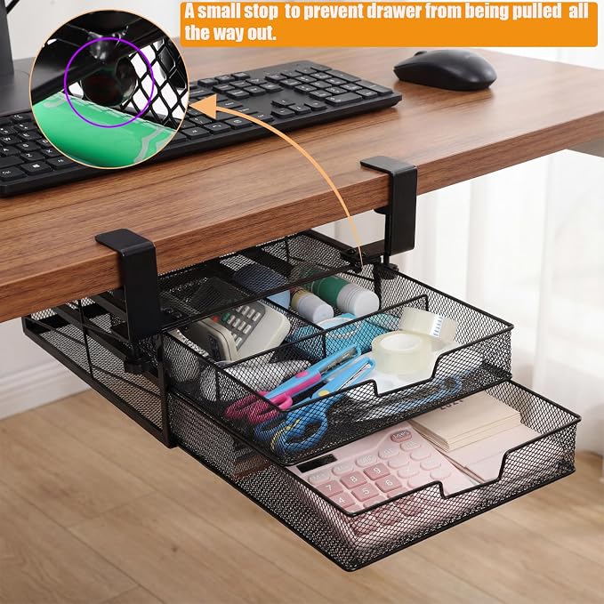Cedilis Under Desk Drawer Organizer Slide Out, 2-Tier Metal Under Table Storage Drawers Clamp On for Home Office, Black, No Drilling