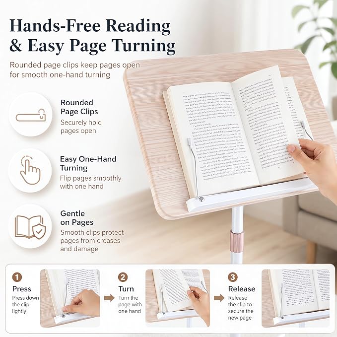 Rolling Floor Book Stand with Wheels, Reading Stand Book Holder | 16.5 x 11.8 in large panel | 19–57 in height adjustable| 360° angle | Lockable wheels | For books, sheet music, laptop