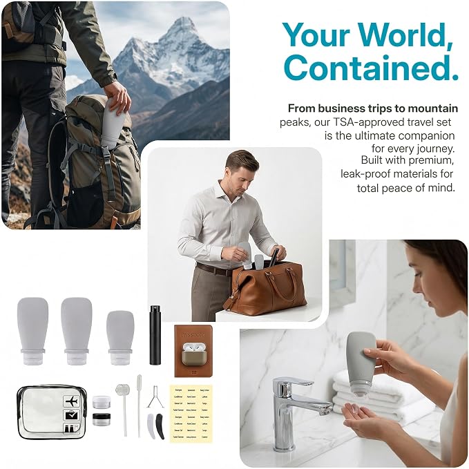 13Pcs Travel Bottles for Toiletries with Storage Bag, TSA Approved Leakproof Toiletry Bottles with Locking Lid, Atomizer Perfume Spray Bottle, Travel Must-Haves for Business Trips & Family Vacations