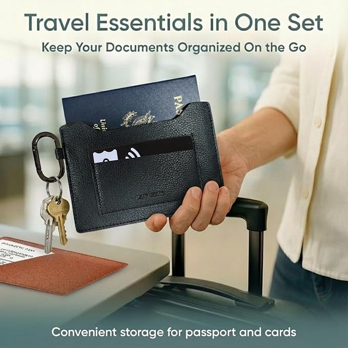 Passport Holder – Slim RFID Blocking Leather Passport Wallet with Built-In RFID Protection & Black-Tone Carabiner, Travel Essentials (BLACK - Clip Carabiner)