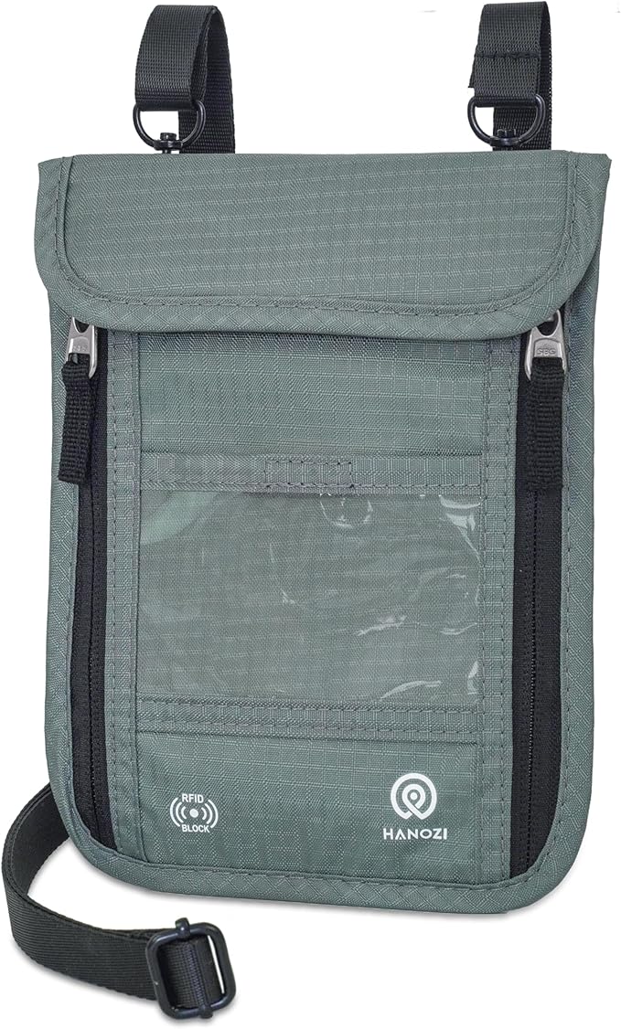 Travel Neck Wallet – Travel pouch and RFID Blocking Passport Holder for Women and Men - Slim Travel Wallet to Keep Your Cash, Passport, Credit Cards Safe. (Moss Grey)