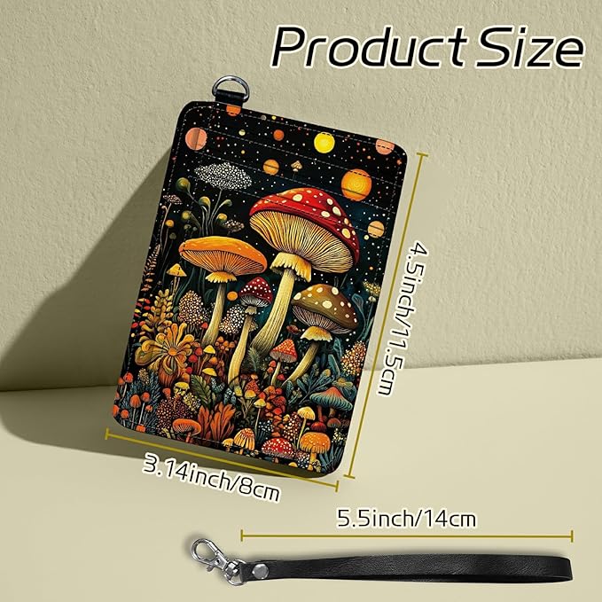 Small Travel Wallets, Magic Colorful Mushrooms Slim Minimalist Front Pocket Wallet with Wristlet, RFID Blocking PU Leather Credit Card Holder with ID Window Change Purse for Men Women