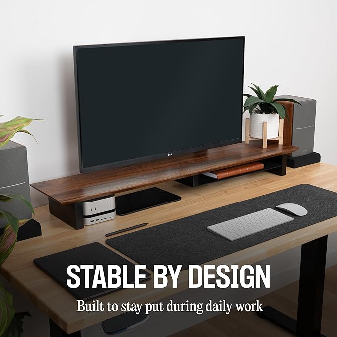 COREMINDED Solid Wood Dual Monitor Stand Riser ??43" Walnut Desk Shelf for 2 Monitors with Tray & Wool Felt, Organizer for Desktop, Laptop and Office (Walnut)