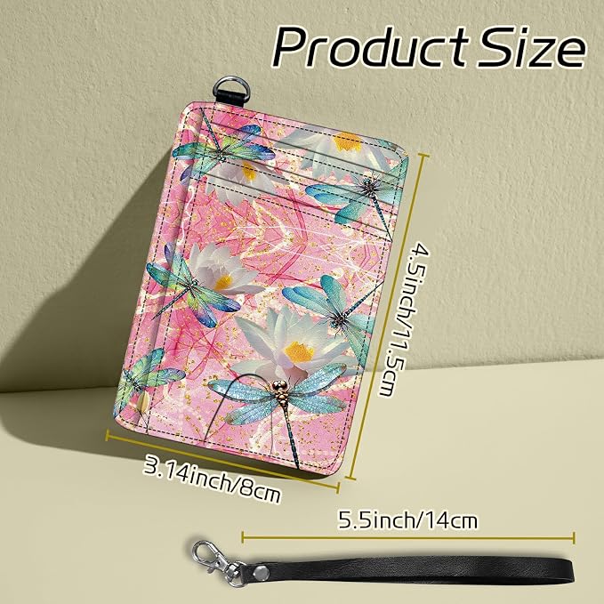Small Travel Wallets, Pink Dragonfly Slim Minimalist Front Pocket Wallet with Wristlet, RFID Blocking PU Leather Credit Card Holder with ID Window Change Purse for Men Women