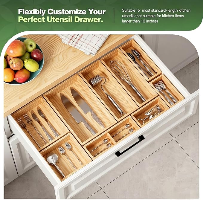9-Pack Solid Wood Junk Drawer Organizer, Modular Desk Drawer Tray & Accessories with Non-Slip Pad, Multi-Use for Kitchen, Office, Bedroom Dresser, Utensil, Makeup, Stationery, Tea Bags & Coffee Pod