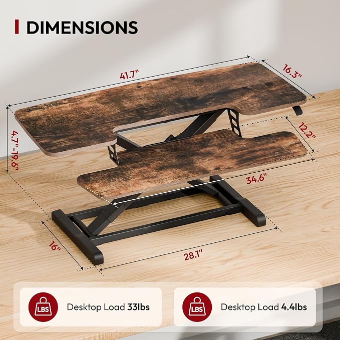 SANODESK 42" Extra Large Standing Desk Converter, Effortless Lift Sit-Stand Riser, Heavy Duty Multi-Device Workstation, Spacious Ergonomic Desktop Riser, Rustic Brown