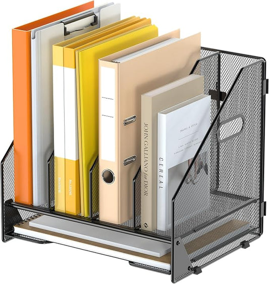 Desk File Folder Holder Organizer-4 Vertical Compartments Racks and Paper Letter Tray,Mesh Magazine File Holder Sorter,Desktop Accessories & Workspace Organizers for Home,Office,School-Black