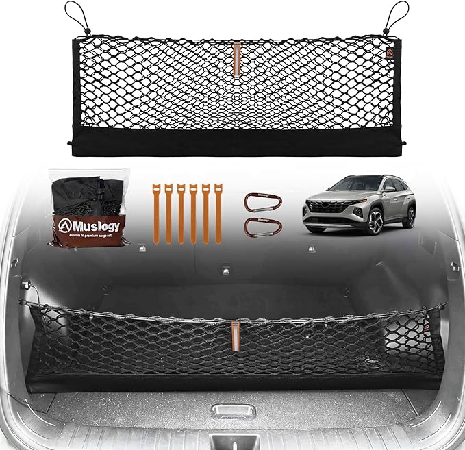 Muslogy Truck Bed Cargo Net Trunk Netting Compatible with 2022-2025 2026 Hyundai Tucson Accessories, Pickup Cargo Organizer SUV Sedan Storage Net w/Heavy Duty Carabiners