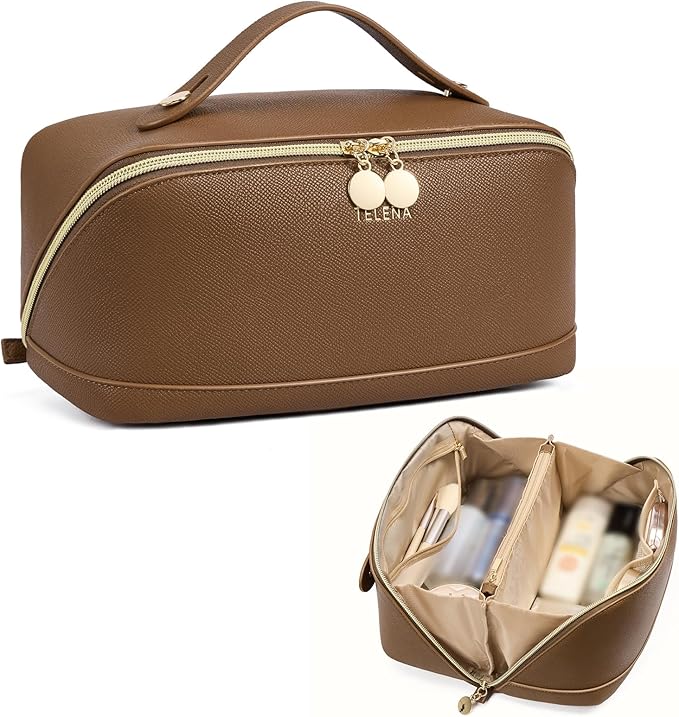 Telena Leather Make Up Bag Portable Travel Makeup Bag Waterproof Cosmetic Bags for Women Large Capacity With Handle and Divider Open Lay Flat