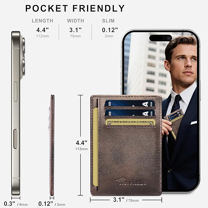 Travelambo 100% Genuine Leather Wallet for Men and Women, Slim Minimalist RFID Blocking Front Pocket Credit Card Holder with Gift Box(Galaxy Coffee)