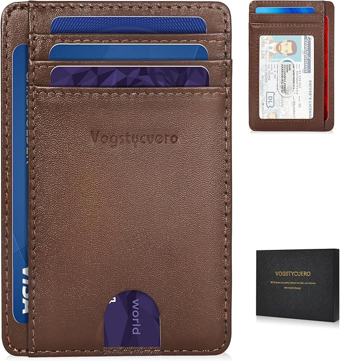 Slim Minimalist Front Pocket Thin Wallet RFID Blocking 100% Genuine Leather Credit Card Holder for men Women, with Gift Box -Grain Leather Brown