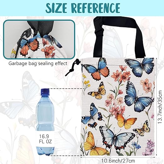 Car Trash Bag Colorful Butterfly Floral Leak-Proof Car Garbage Bag with Drawstring Foldable Canvas Trash Bin with Adjustable Buckle for Car Accessories, Travelling, Camping
