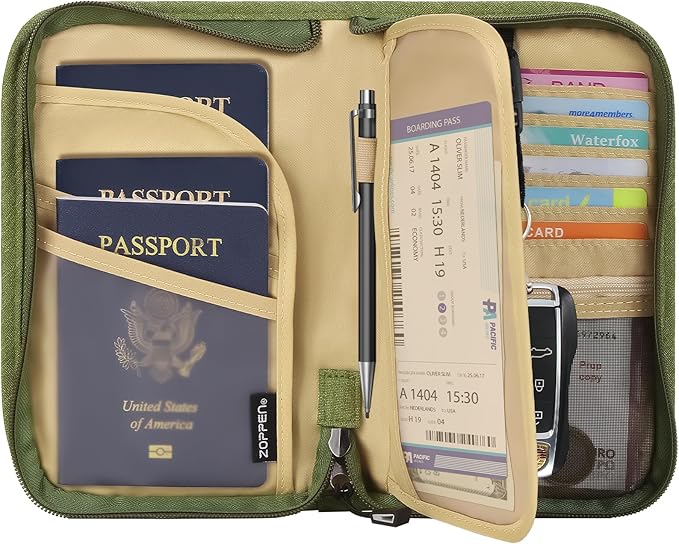 ZOPPEN Passport Holder Family RFID Passport Wallet, Passport Holder Women/Men, Travel Wallet Documents Organizer Zipper Case with Removable Wristlet Strap, Travel Essentials for Flying