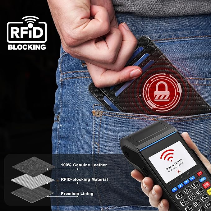 Front Pocket Thin Wallet for Men Women RFID Blocking Credit Card Holder Card Cases Slim Minimalist Wallet with Gift Box Carbon Fiber Black