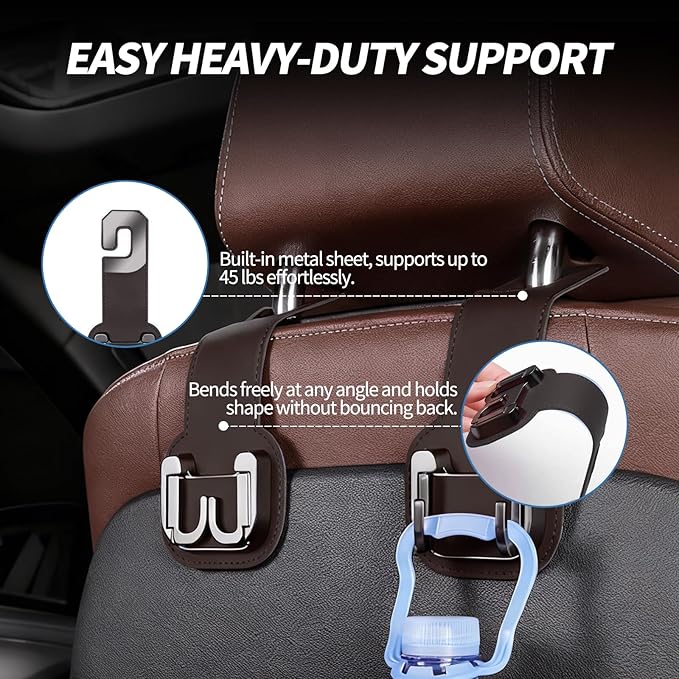 2 Packs Headrest Hooks for Car, Hidden Twinhook Leather & Metal Car Purse Holders, Universal Seat Back Storage Organizer Hanger for Purse Bag Handbags Phones, 2026 Car Seat Accessories (Brown)