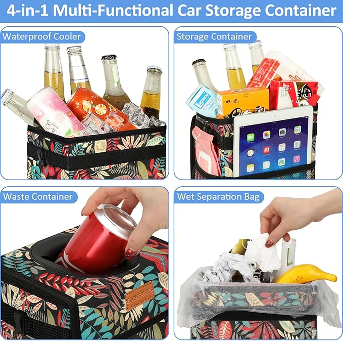 ELONGRIVER Car Trash Can Bin for Back Seat Leak Proof, Cute Car Trash Bag Hanging, Vehicle Trash Can for SUV Truck Van, Automotive Garbage Cans Front Seat Red Leaves, 2 Gallons