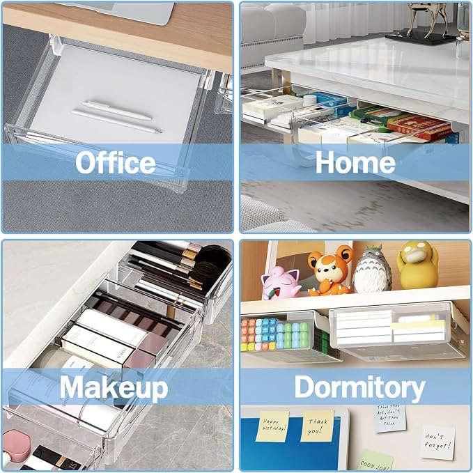SVNNELP Large Under Desk Table Drawer Storage Organizer A4,Desk Accessories & Workspace Organizers,Hidden Self-Adhesive Under Table Pencil Tray Drawer for Office(Clear White)