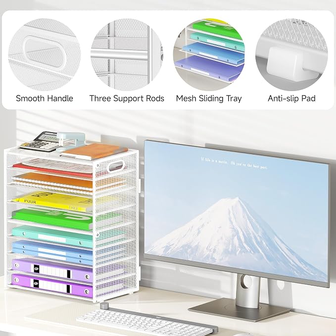 Cawukege 9 Tier Paper Organizer with Handle, White Large Capacity Desk Organizer Mesh File Folder Letter Paper Tray Desktop Document Sorter for Classroom, School, and Office Accessories Organization