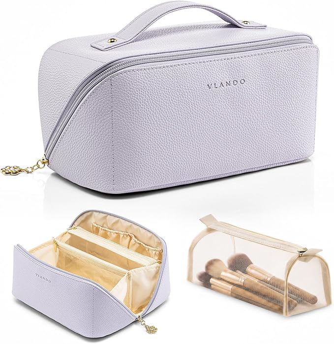 VLANDO Makeup Bag,Travel Toiletry Bag,Cosmetic Bag for Women PU Leather Portable Make up Bag for Skincare, Brushes & Travel Essentials-Purple