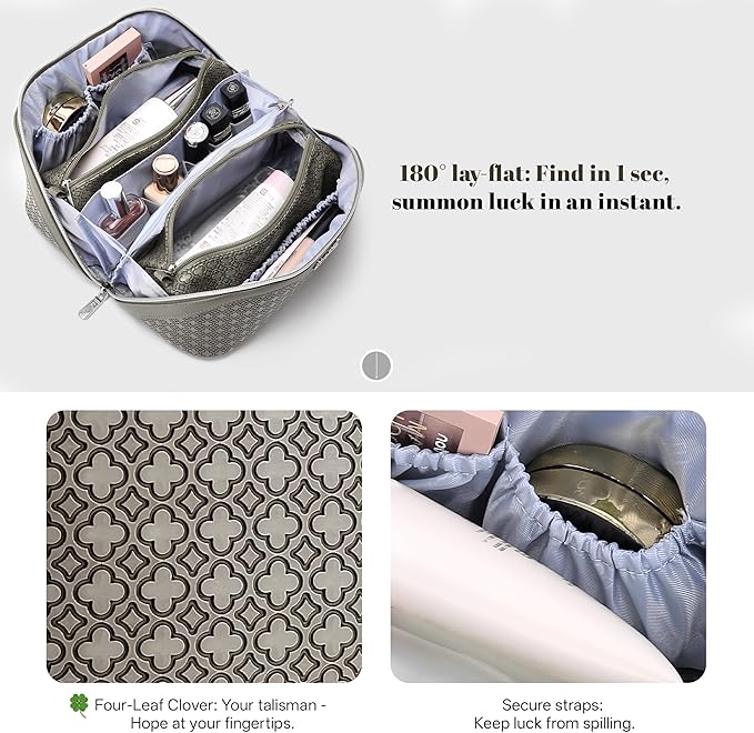 BOYATU Travel Makeup Bag for Women: Four Leaf Clover Large Capacity 3 Pcs Set Cosmetic Bags - Waterproof 50% Extra Space for Toiletry Organizer - Travel Essentials for Fortunate (07 Khaki)
