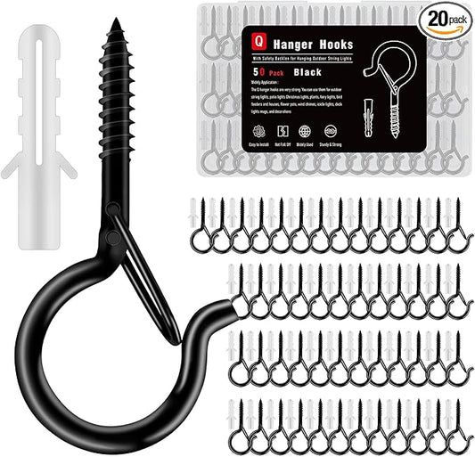 Black Screw Hooks with Safety Lock 2.3" Rustproof Metal Ceiling Hooks for Hanging Plants, Baskets,String Lights & Outdoor Decor, 40LB Capacity (50, Black)