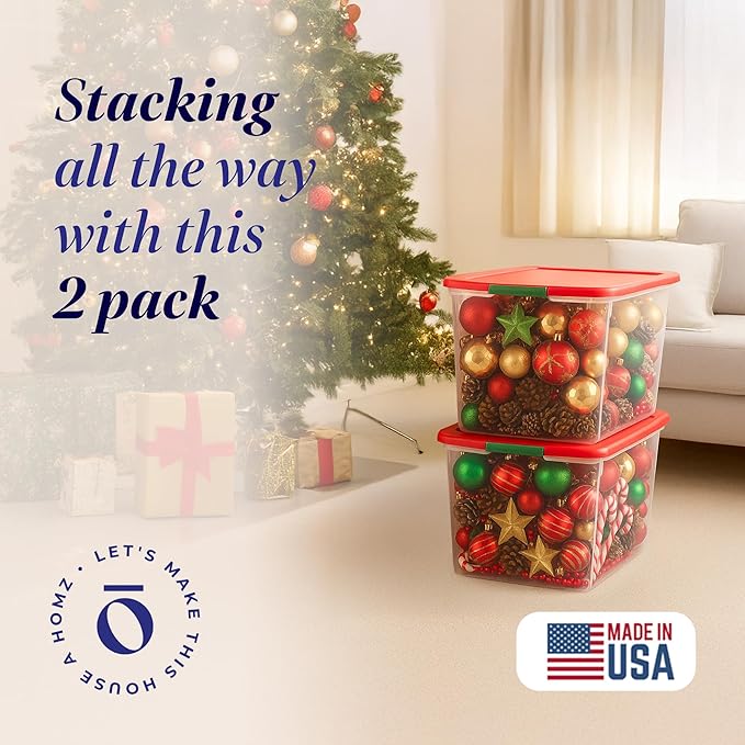 HOMZ 2 Pack Secure Latch, Clear Plastic Storage Organizer Bins, 64 Quart, Red Lid - Stackable Container Boxes for Bedroom, Bathroom, Garage, and Office Organization