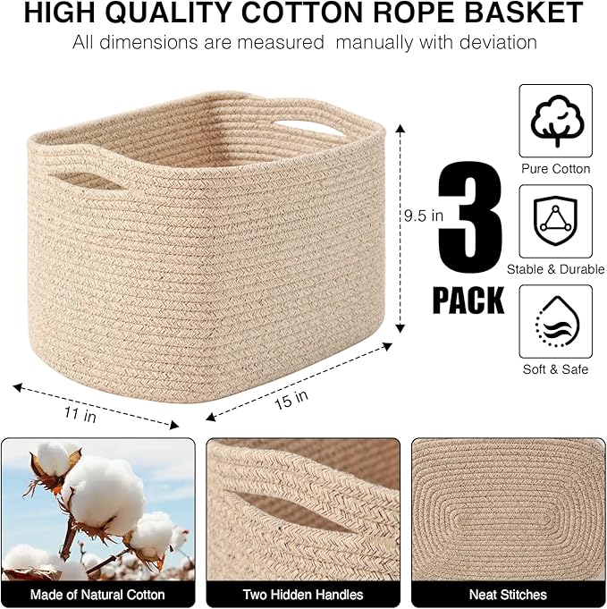 ICERZCZ Decorative Storage Baskets for Organizing Shelves, Toy Basket for Nursery, Woven Cotton Rope Baskets for Decor, Towel Basket for Bathroom, 15"x11"x9.5", 3 Packs, Brown