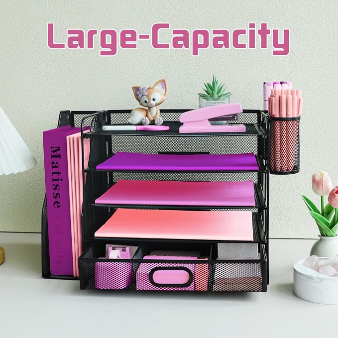 Desk Organizers and Accessories with File Holder, 5-Tier Paper Letter Tray Organiser with Drawer and 2 Pen Holder, Mesh Desktop Document Organizer for Office Supplies, Workspace - Black