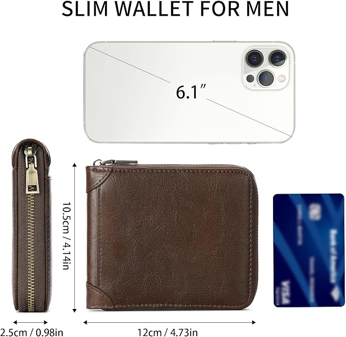 GAEKEAO Zipper Wallet for Men Vegan Leather RFID Blocking Large Capacity Bifold Wallets with ID Window Change Pocket