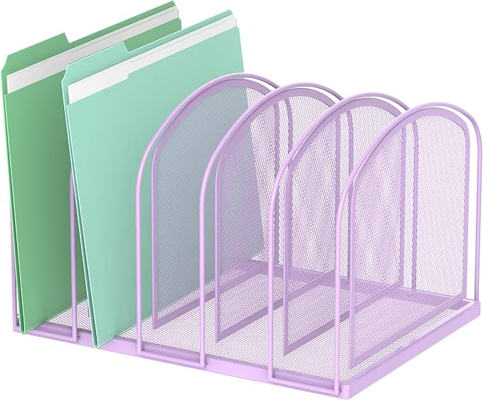 SUPEASY File Organizer 5-Section Mesh Desk Organizer, Upright File Organizer Desktop Organizer File Sorter, File Folder Holder for Office Supplies, Purple